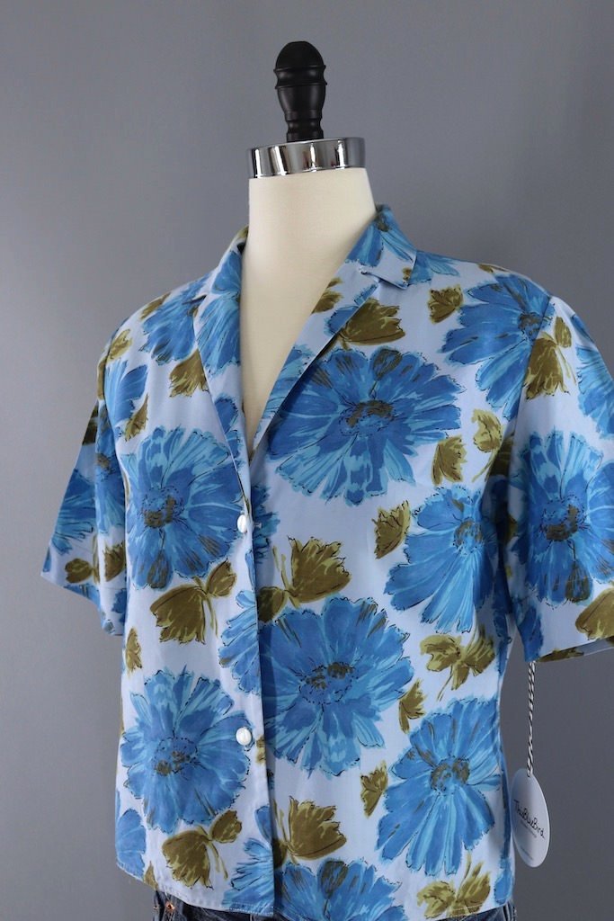 Vintage Blue Floral Print Blouse-ThisBlueBird - Modern Vintage