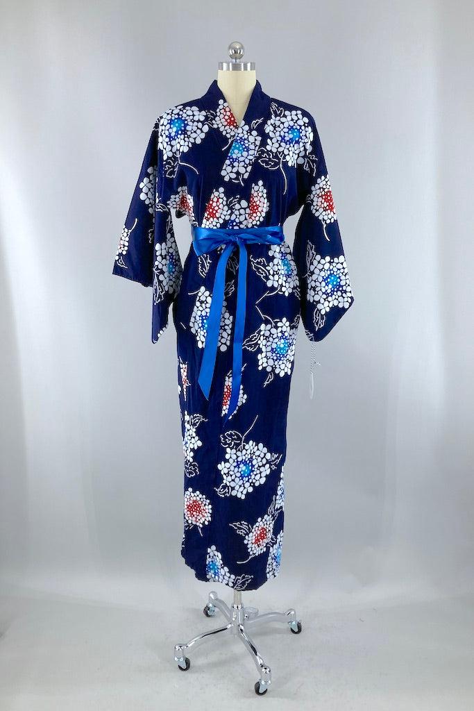 Vintage Blue Floral Print Cotton Yukata Kimono-ThisBlueBird