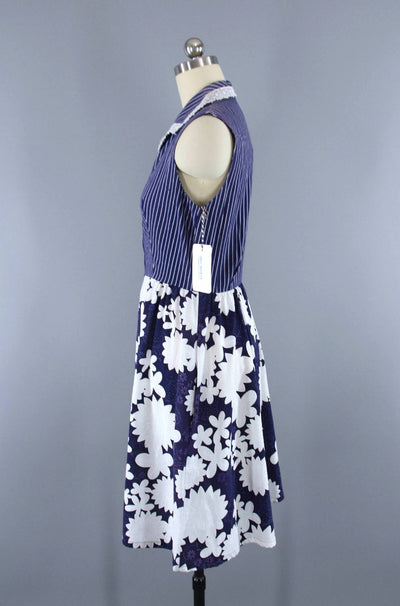 Vintage Blue Floral + Stripes Summer Dress-ThisBlueBird - Modern Vintage