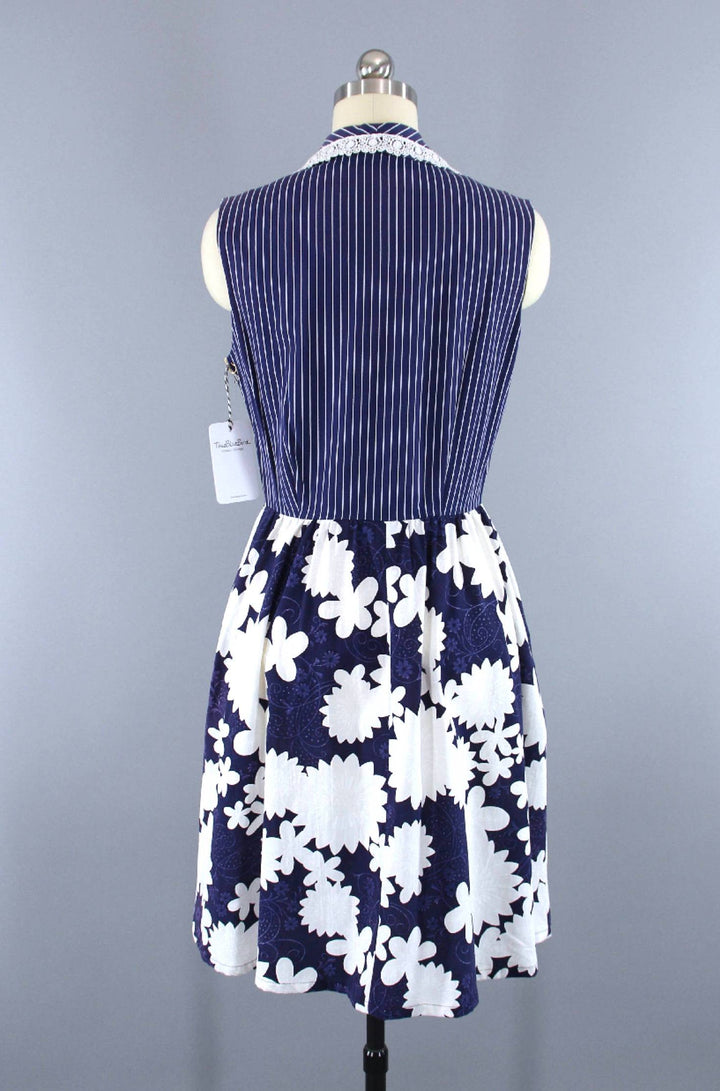 Vintage Blue Floral + Stripes Summer Dress-ThisBlueBird - Modern Vintage