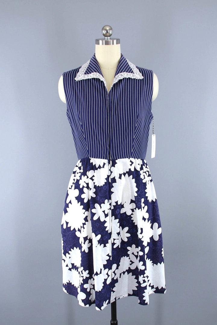 Vintage Blue Floral + Stripes Summer Dress-ThisBlueBird - Modern Vintage