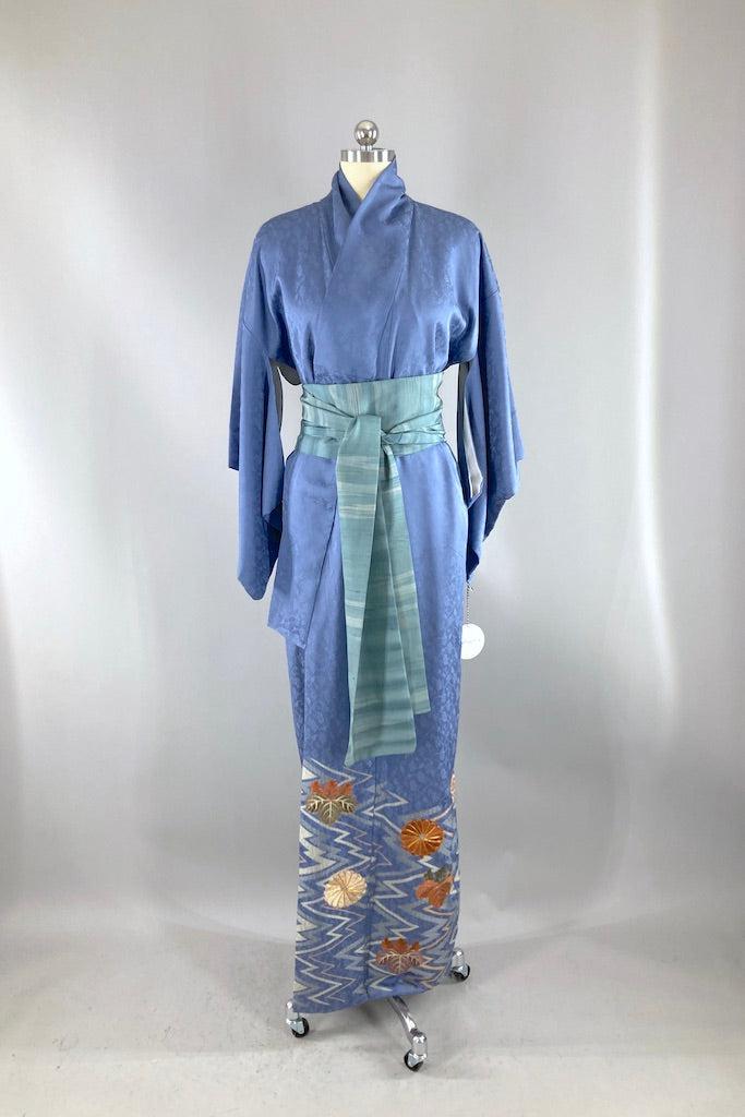 Vintage Blue &amp; Gold Embroidered Silk Kimono-ThisBlueBird