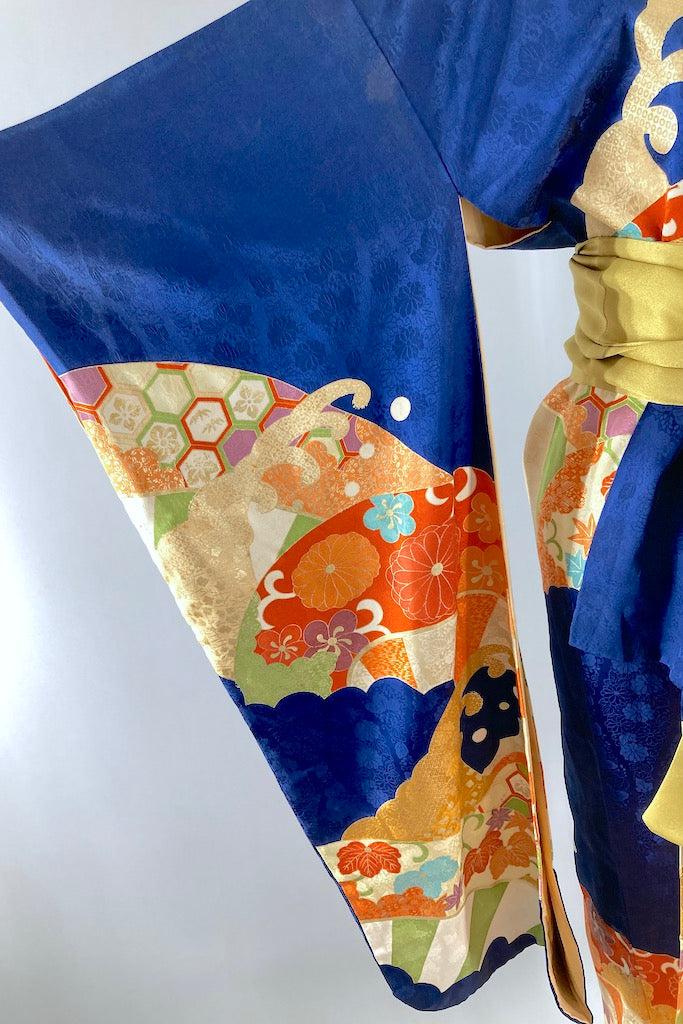 Vintage Blue & Gold Floral Kimono Robe-ThisBlueBird