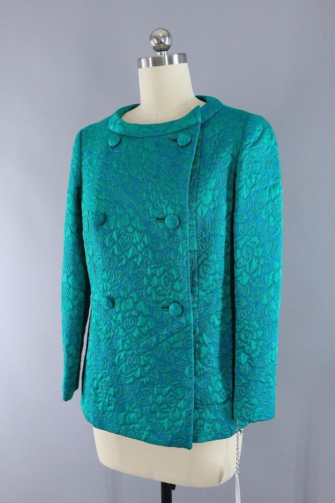 Vintage 1960s Blue Green Damask Jacket - ThisBlueBird
