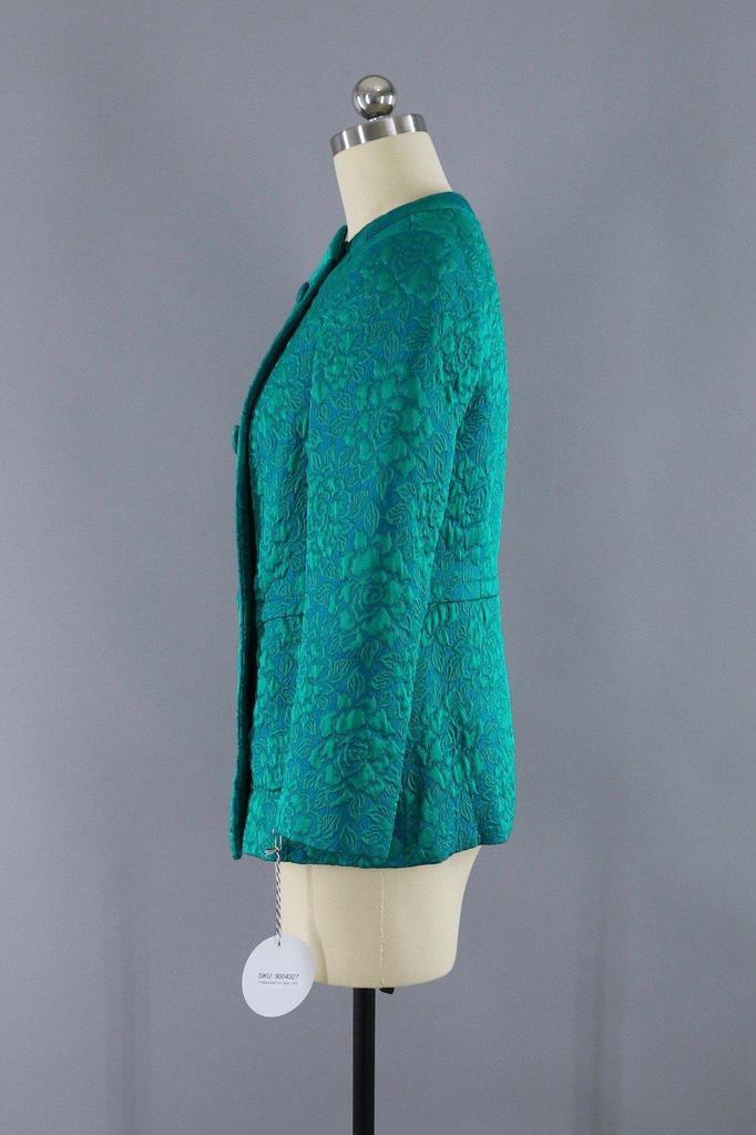 Vintage 1960s Blue Green Damask Jacket - ThisBlueBird