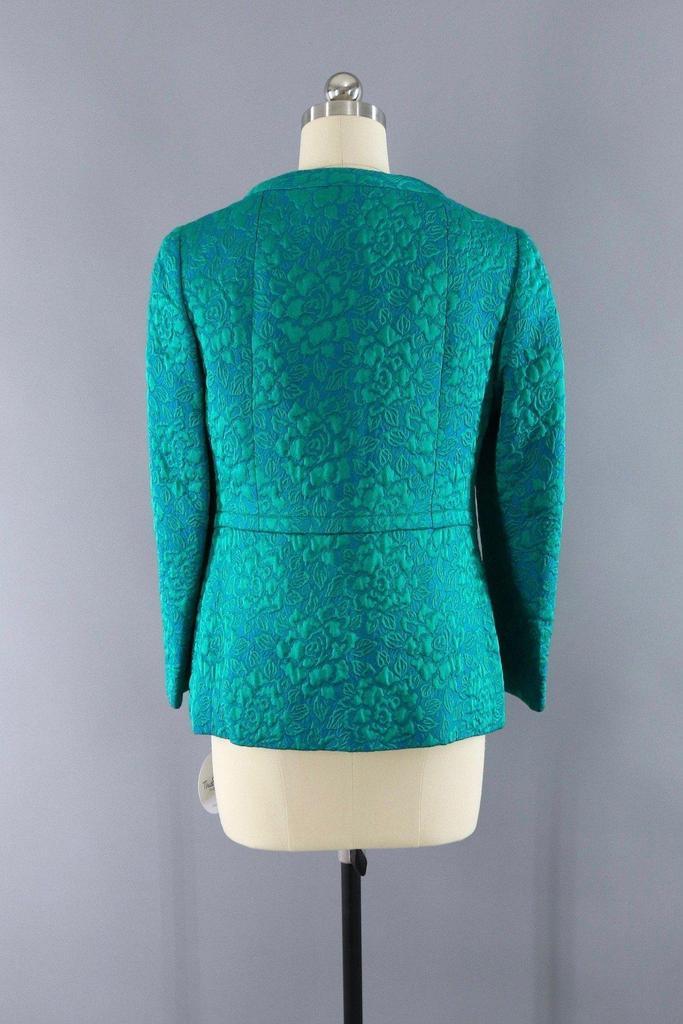 Vintage 1960s Blue Green Damask Jacket - ThisBlueBird