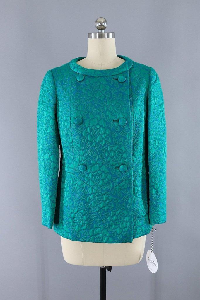 Vintage 1960s Blue Green Damask Jacket - ThisBlueBird