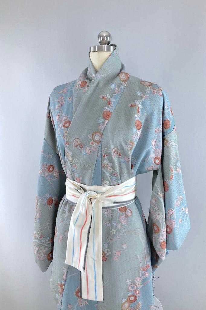 Vintage Blue Green Floral Print Kimono-ThisBlueBird