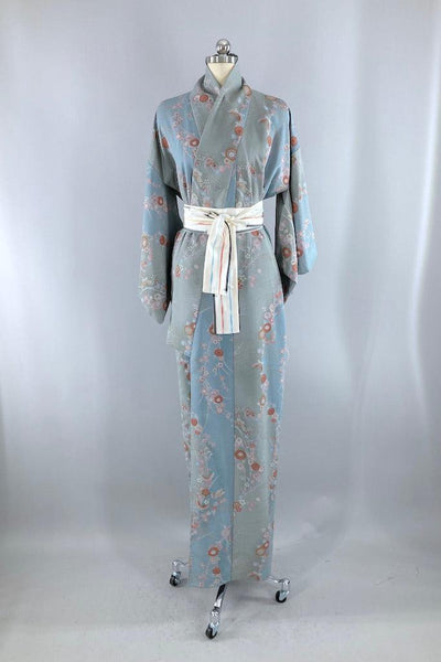 Vintage Blue Green Floral Print Kimono-ThisBlueBird