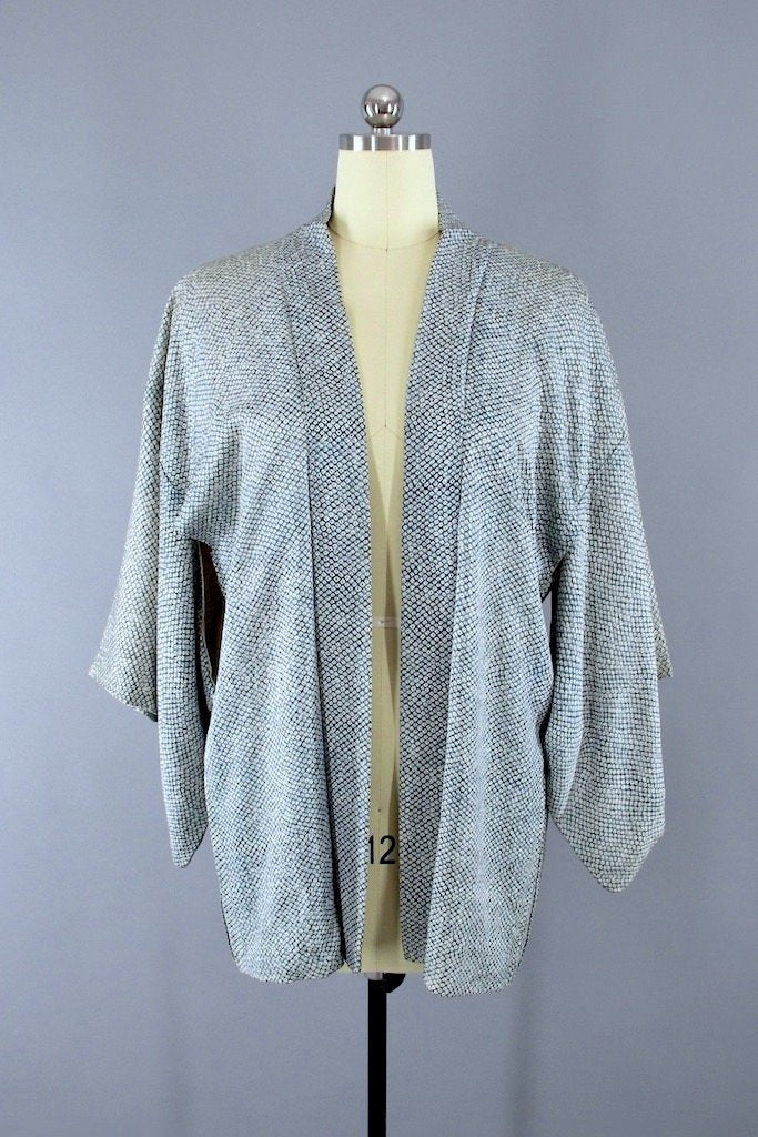 Vintage Blue Green Silk Kimono Cardigan-ThisBlueBird