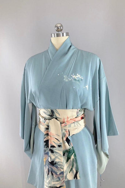 Vintage Blue Grey Floral Silk Kimono-ThisBlueBird
