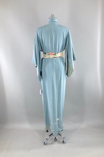 Vintage Blue Grey Floral Silk Kimono-ThisBlueBird