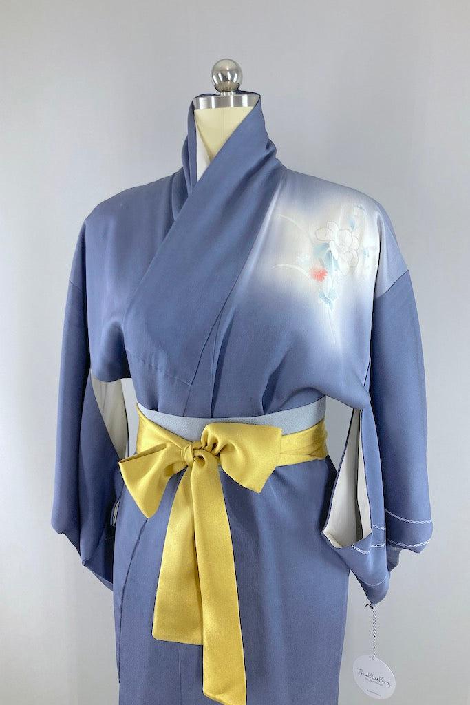Vintage Blue Grey Gazelles Silk Kimono Robe-ThisBlueBird