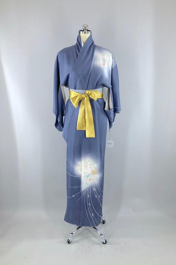 Vintage Blue Grey Gazelles Silk Kimono Robe-ThisBlueBird