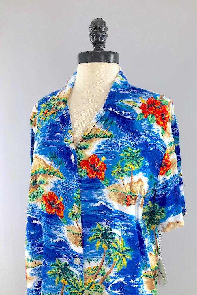 Vintage Blue Hawaiian Print Blouse-ThisBlueBird