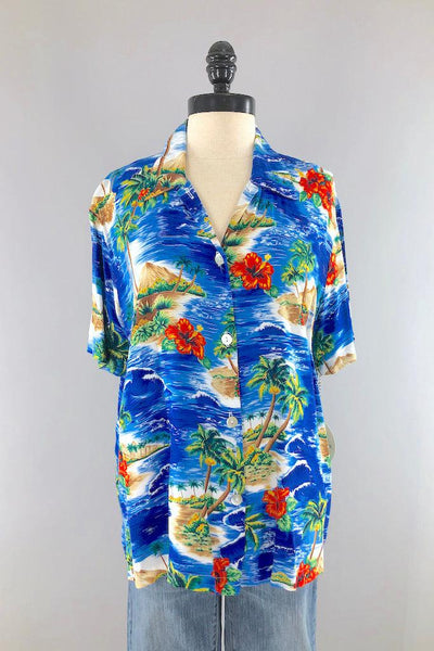 Vintage Blue Hawaiian Print Blouse-ThisBlueBird