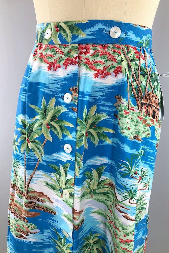 Vintage Blue Hawaiian Print Maxi Skirt-ThisBlueBird