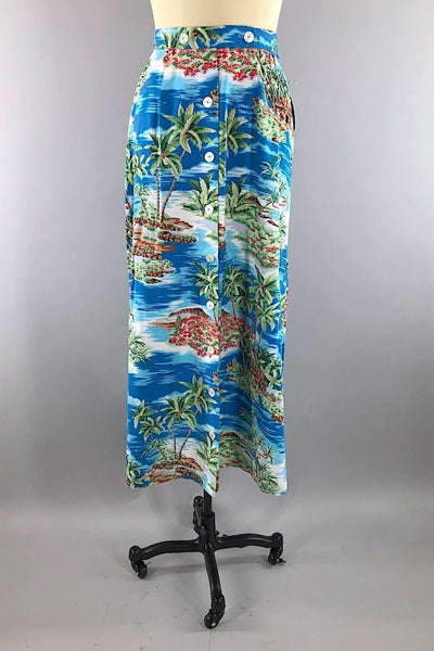 Vintage Blue Hawaiian Print Maxi Skirt-ThisBlueBird