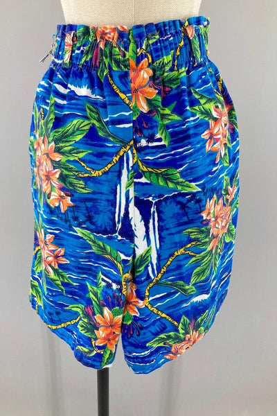 Vintage Blue Hawaiian Print Shorts-ThisBlueBird