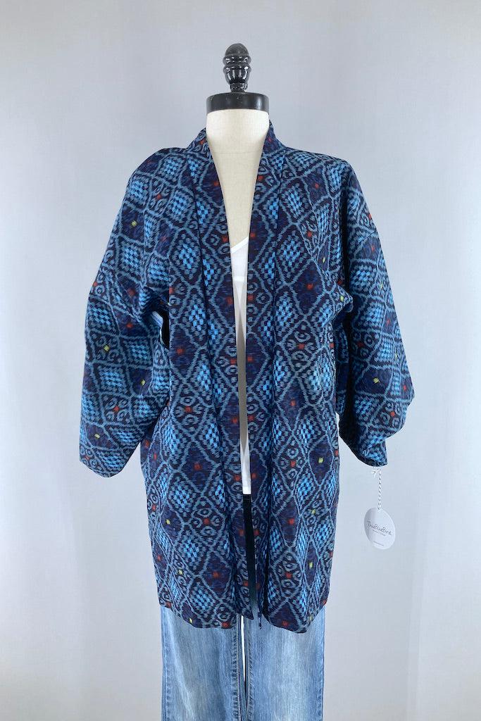 Vintage Blue Ikat Cotton Kimono Cardigan-ThisBlueBird
