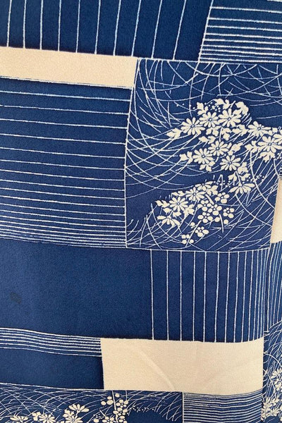 Vintage Blue & Ivory Geometric Silk Kimono-ThisBlueBird