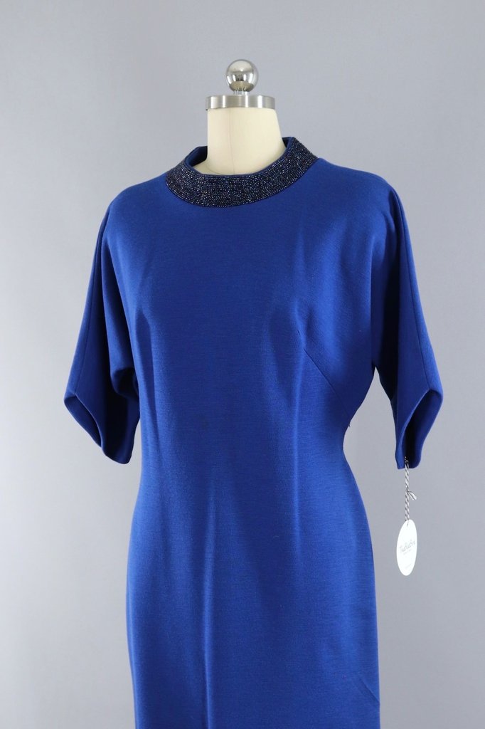 Vintage Blue Knit Dress with Beaded Collar - ThisBlueBird