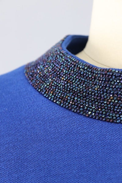 Vintage Blue Knit Dress with Beaded Collar - ThisBlueBird