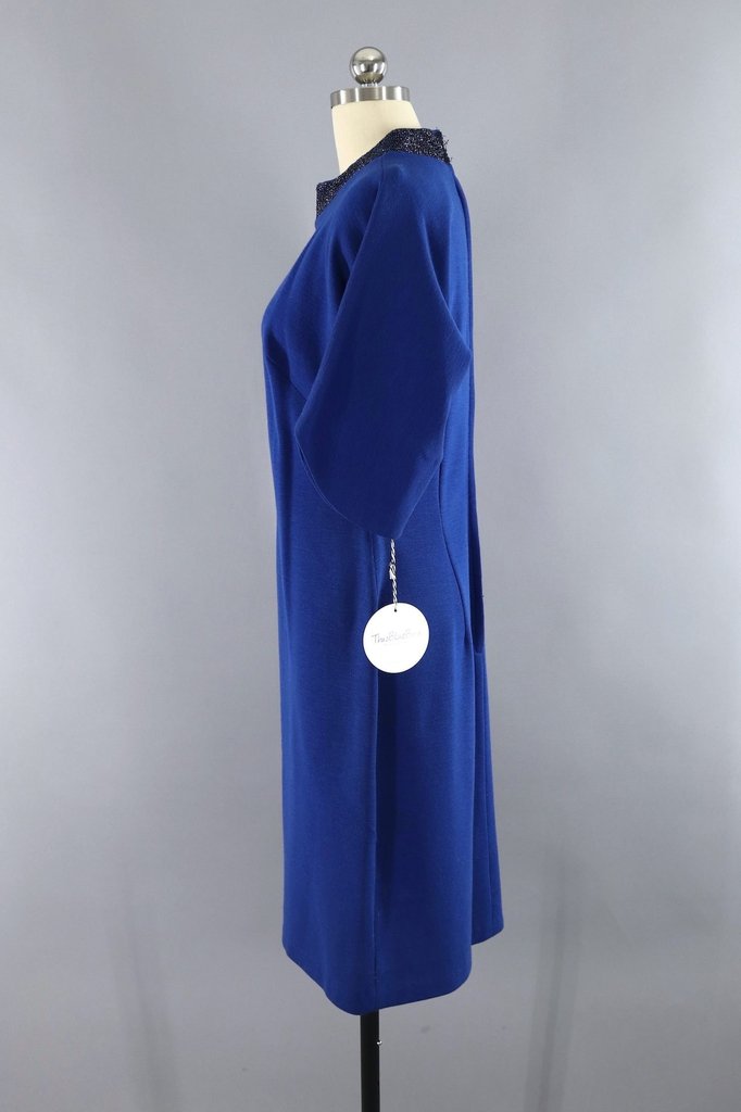 Vintage Blue Knit Dress with Beaded Collar - ThisBlueBird