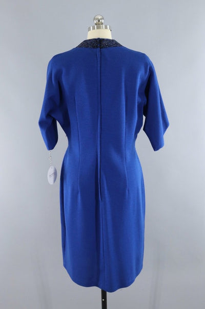 Vintage Blue Knit Dress with Beaded Collar - ThisBlueBird
