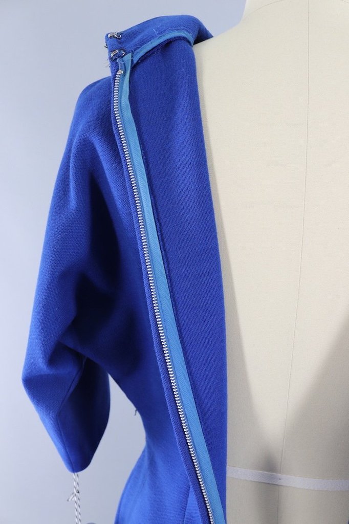 Vintage Blue Knit Dress with Beaded Collar - ThisBlueBird