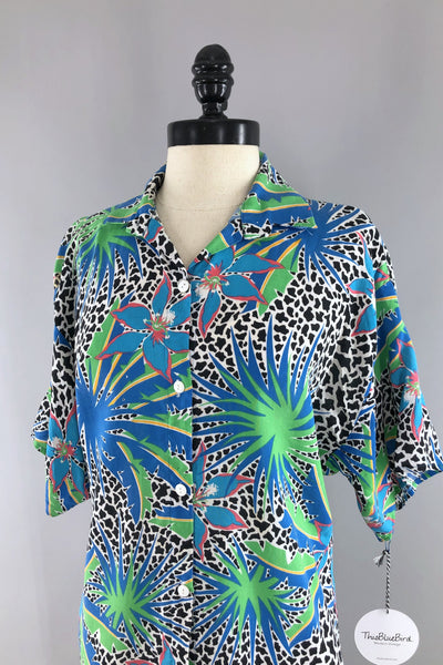 Vintage Blue Leopard Floral Print Shirt-ThisBlueBird - Modern Vintage