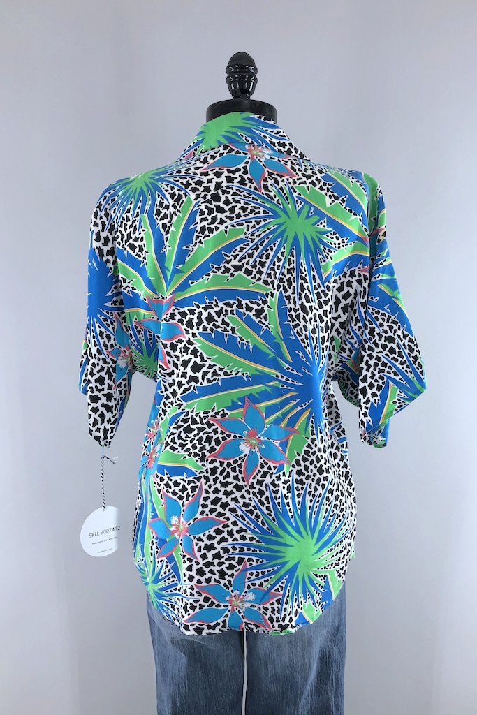 Vintage Blue Leopard Floral Print Shirt-ThisBlueBird - Modern Vintage
