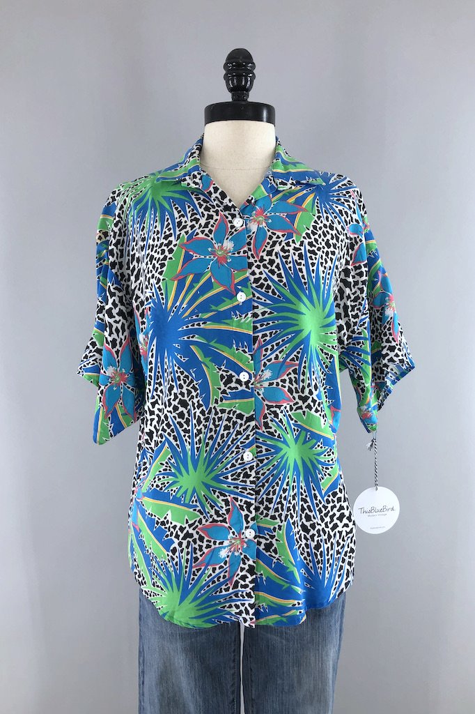 Vintage Blue Leopard Floral Print Shirt-ThisBlueBird - Modern Vintage