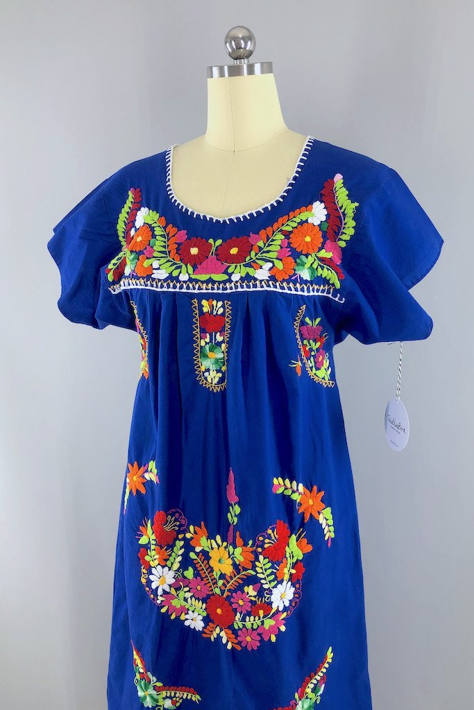 Vintage Blue Mexican Embroidered Caftan-ThisBlueBird