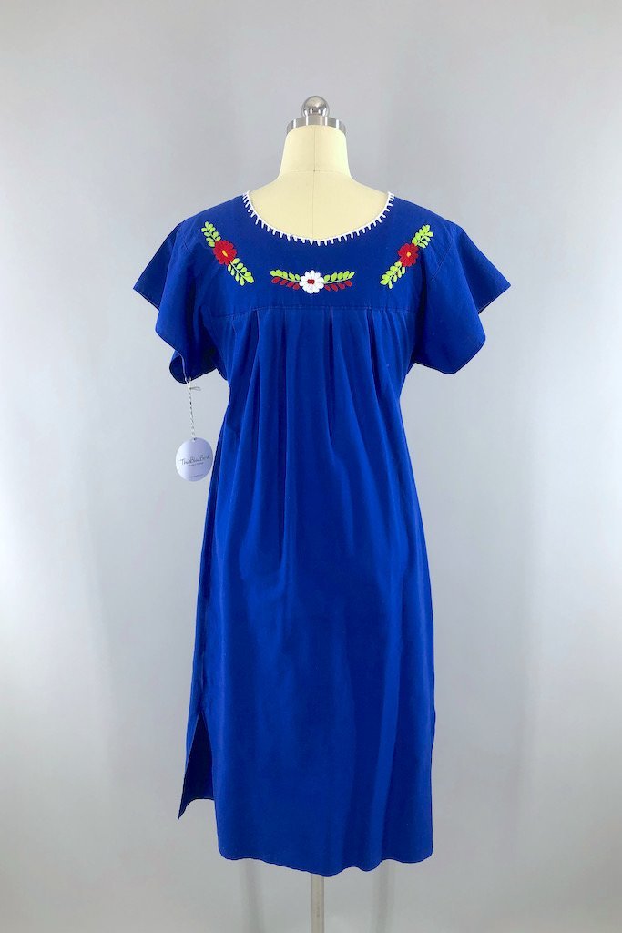 Vintage Blue Mexican Embroidered Caftan-ThisBlueBird