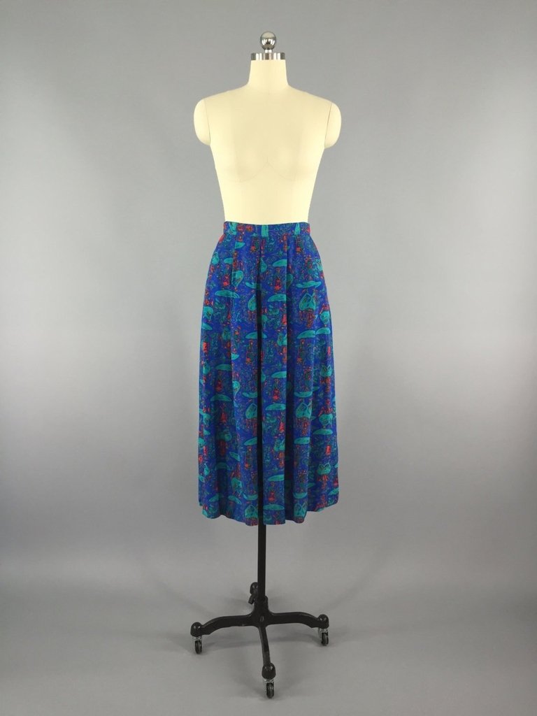 Vintage Blue Midi Skirt with Umbrella Novelty Print - ThisBlueBird
