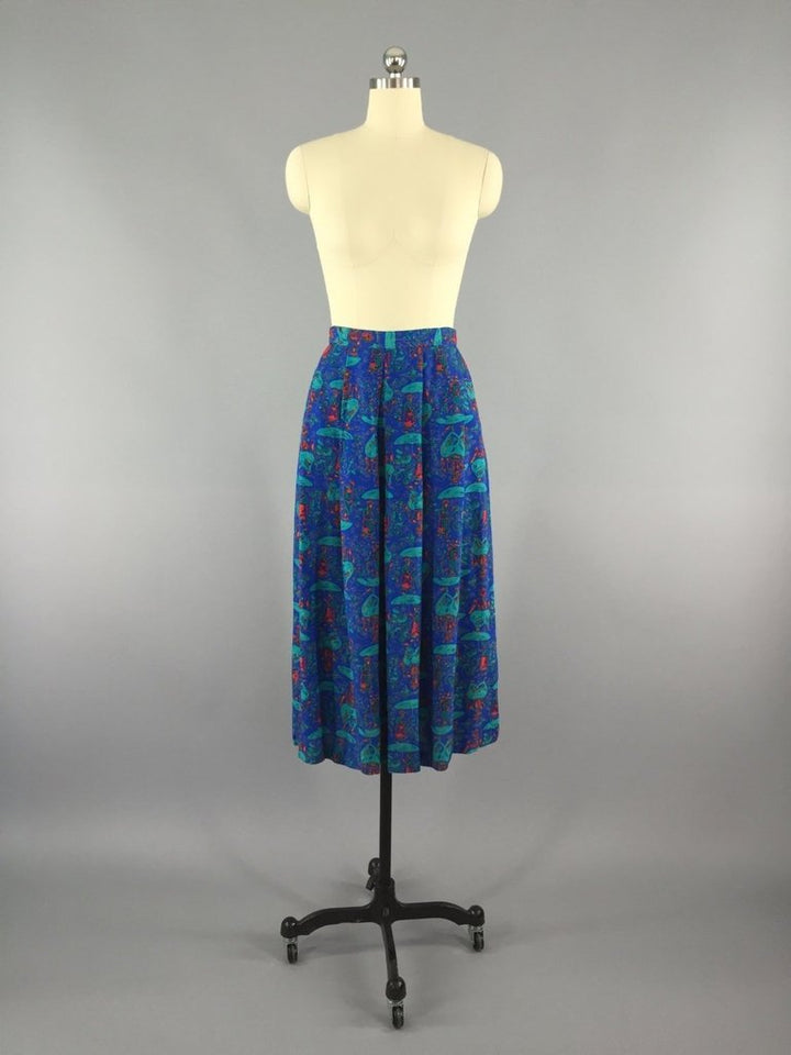 Vintage Blue Midi Skirt with Umbrella Novelty Print - ThisBlueBird