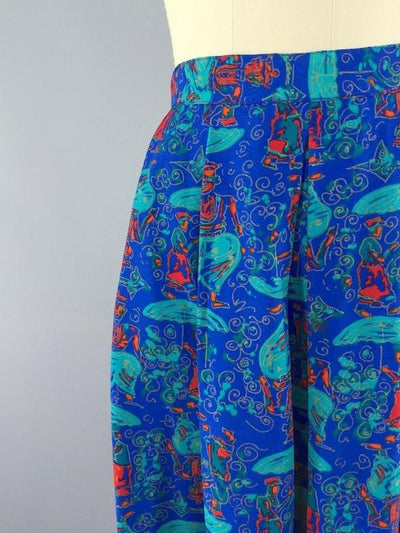 Vintage Blue Midi Skirt with Umbrella Novelty Print - ThisBlueBird