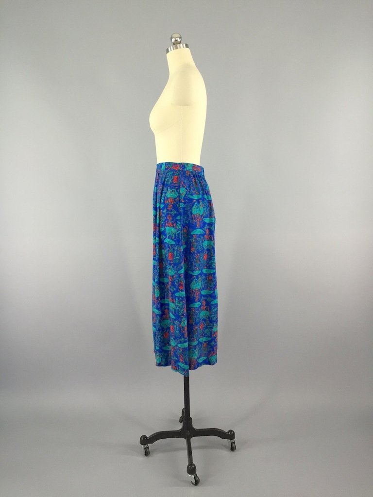 Vintage Blue Midi Skirt with Umbrella Novelty Print - ThisBlueBird