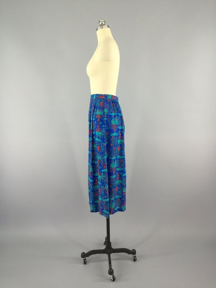Vintage Blue Midi Skirt with Umbrella Novelty Print - ThisBlueBird