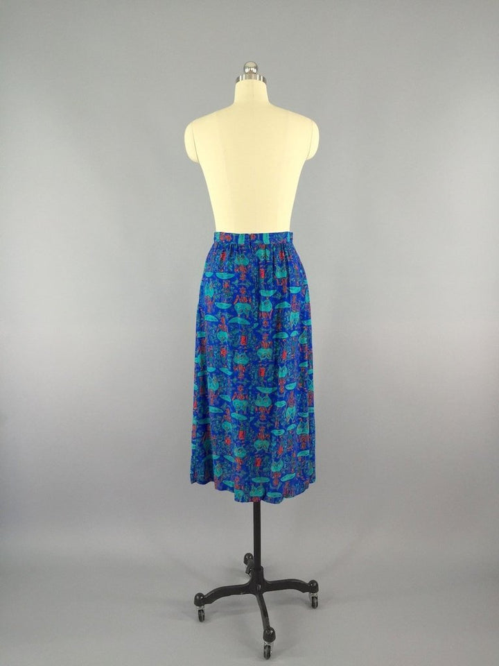 Vintage Blue Midi Skirt with Umbrella Novelty Print - ThisBlueBird