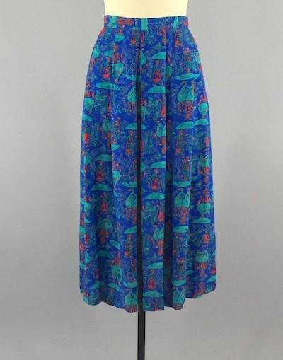 Vintage Blue Midi Skirt with Umbrella Novelty Print - ThisBlueBird