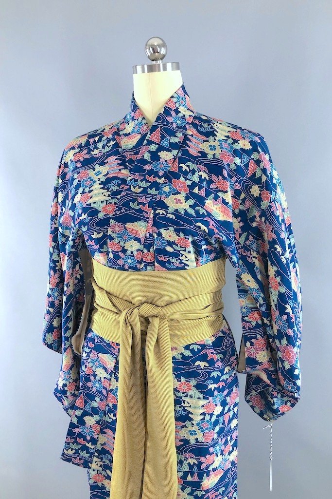 Vintage Blue Pagodas Silk Kimono Robe-ThisBlueBird - Modern Vintage