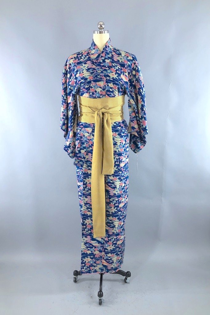 Vintage Blue Pagodas Silk Kimono Robe-ThisBlueBird - Modern Vintage