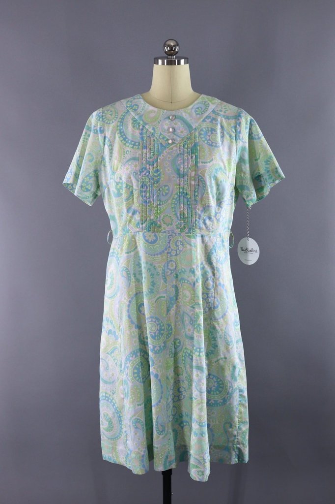 Vintage 1960s Blue Paisley Print Day Dress - ThisBlueBird