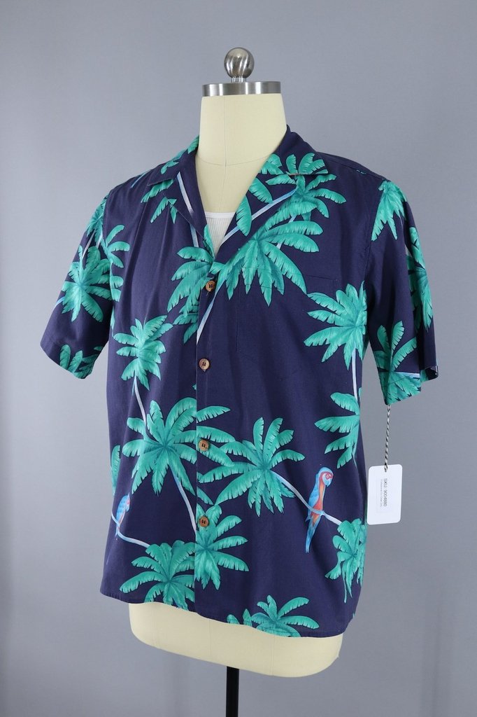 1980s Vintage Hawaiian Print Shirt / Blue Palm Trees &amp; Parrots - ThisBlueBird