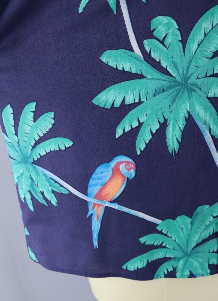 1980s Vintage Hawaiian Print Shirt / Blue Palm Trees & Parrots - ThisBlueBird