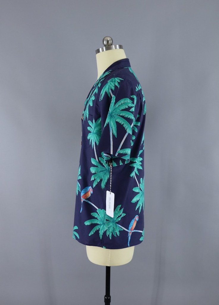 1980s Vintage Hawaiian Print Shirt / Blue Palm Trees &amp; Parrots - ThisBlueBird