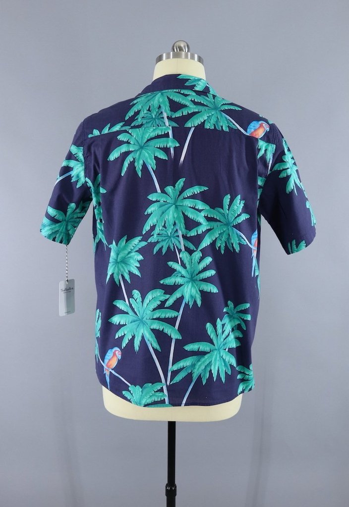 1980s Vintage Hawaiian Print Shirt / Blue Palm Trees &amp; Parrots - ThisBlueBird