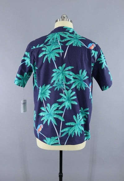 1980s Vintage Hawaiian Print Shirt / Blue Palm Trees & Parrots - ThisBlueBird